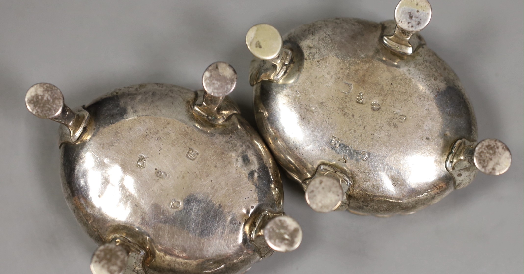 A near pair of mid 18th century silver salts, London 1746 and 1762, 6oz